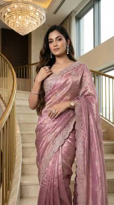 Pink Color Embroidery theard Work Satin Saree 2