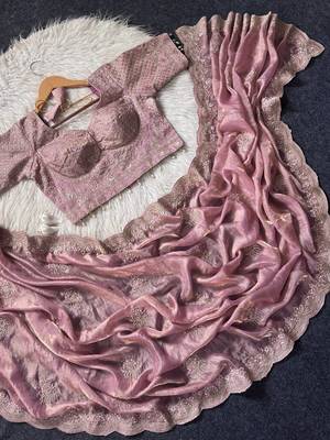 Pink Color Embroidery theard Work Satin Saree 3