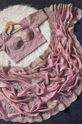 Pink Color Embroidery theard Work Satin Saree