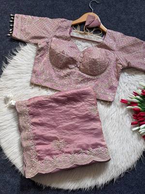 Pink Color Embroidery theard Work Satin Saree 4