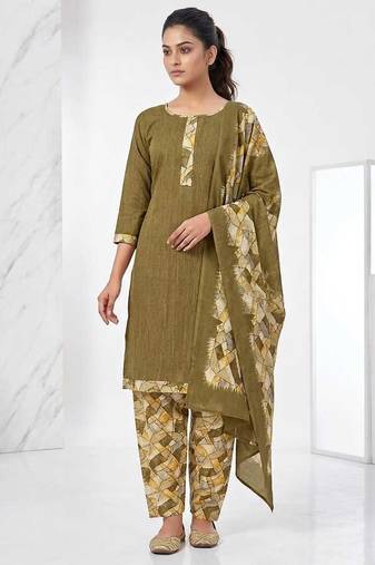 Olive printed cotton blend stitched geometric print salwar kurta dupatta for women