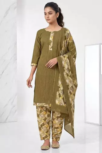 Olive printed cotton blend stitched geometric print salwar kurta dupatta for women