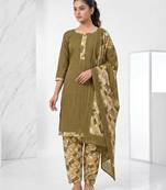 Olive printed cotton blend stitched geometric print salwar kurta dupatta for women
