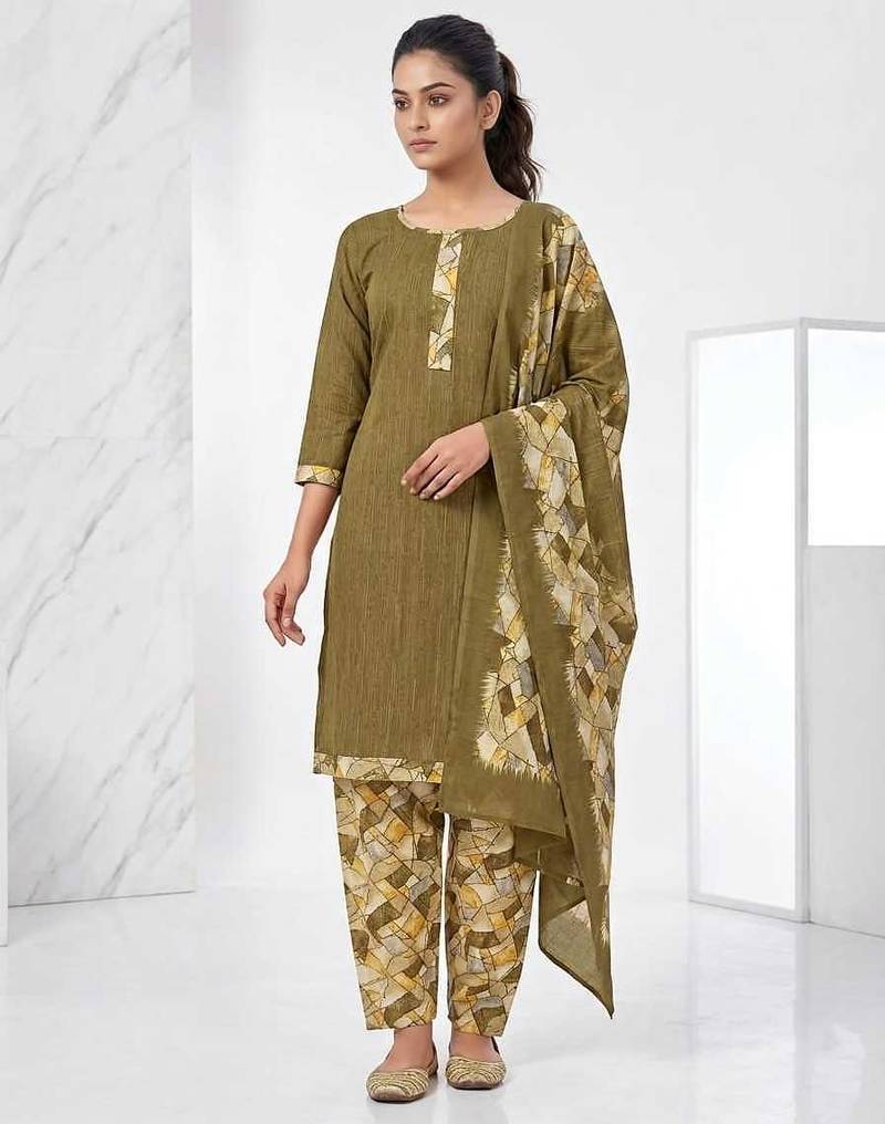 Olive printed cotton blend stitched geometric print salwar kurta dupatta for women