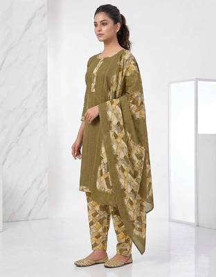 Olive printed cotton blend stitched geometric print salwar kurta dupatta for women 2