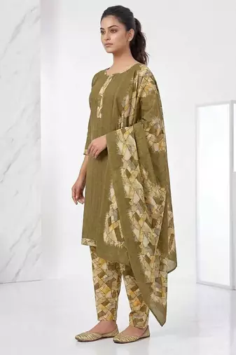Olive printed cotton blend stitched geometric print salwar kurta dupatta for women