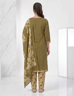 Olive printed cotton blend stitched geometric print salwar kurta dupatta for women 3