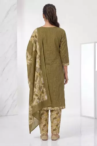 Olive printed cotton blend stitched geometric print salwar kurta dupatta for women
