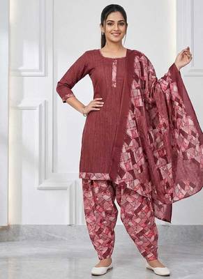 Dusty pink printed cotton blend stitched geometric print salwar kurta dupatta for women 1