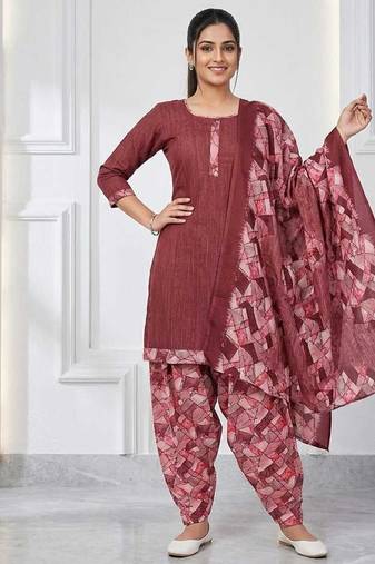 Dusty pink printed cotton blend stitched geometric print salwar kurta dupatta for women