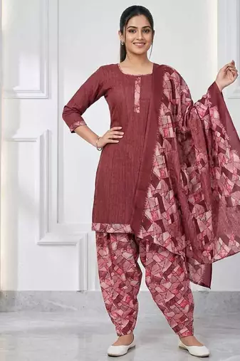 Dusty pink printed cotton blend stitched geometric print salwar kurta dupatta for women