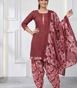 Dusty pink printed cotton blend stitched geometric print salwar kurta dupatta for women