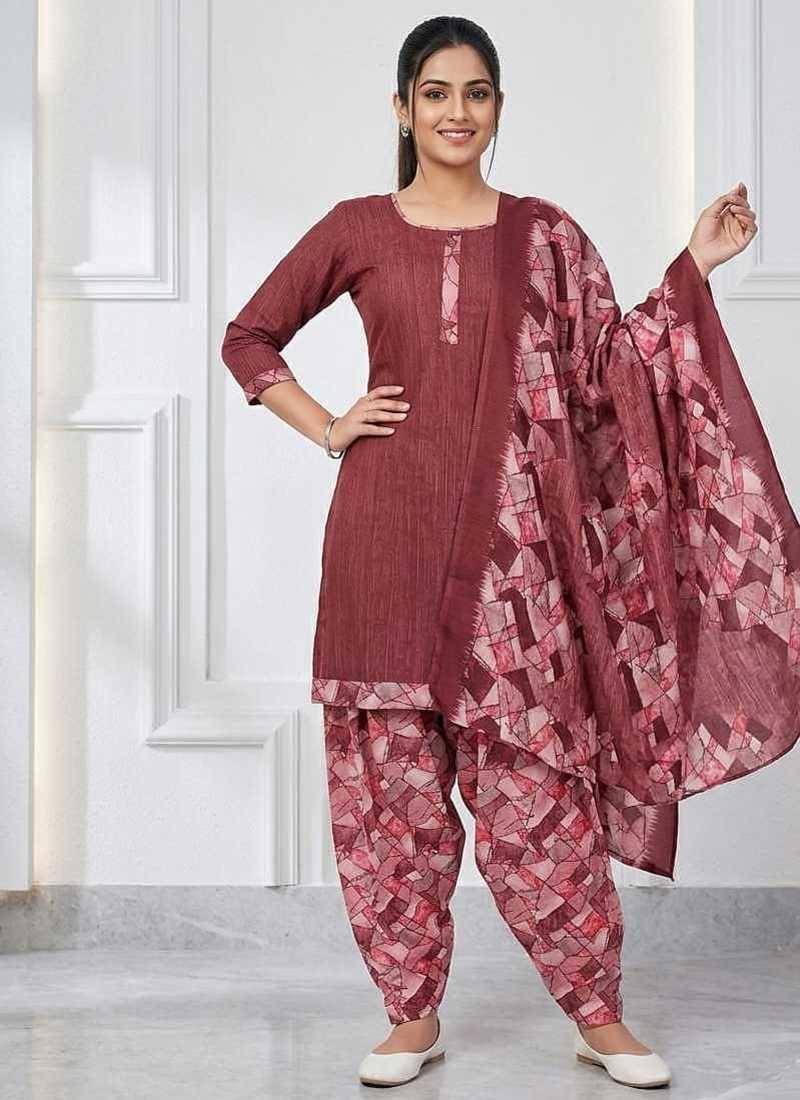 Dusty pink printed cotton blend stitched geometric print salwar kurta dupatta for women