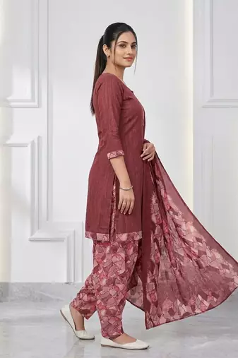 Dusty pink printed cotton blend stitched geometric print salwar kurta dupatta for women