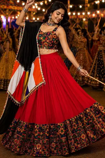 Red Gamthi Mirror Work Navratri Lehenga Choli Set 