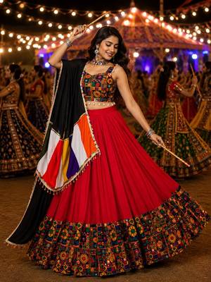 Red Gamthi Mirror Work Navratri Lehenga Choli Set  2