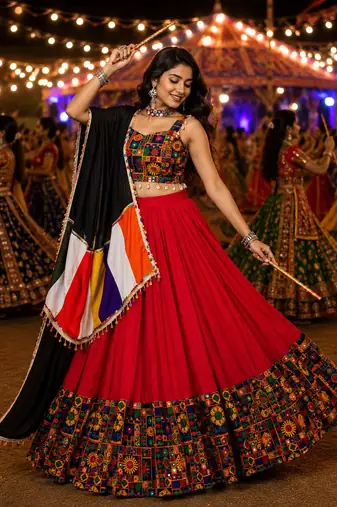 Red Gamthi Mirror Work Navratri Lehenga Choli Set 
