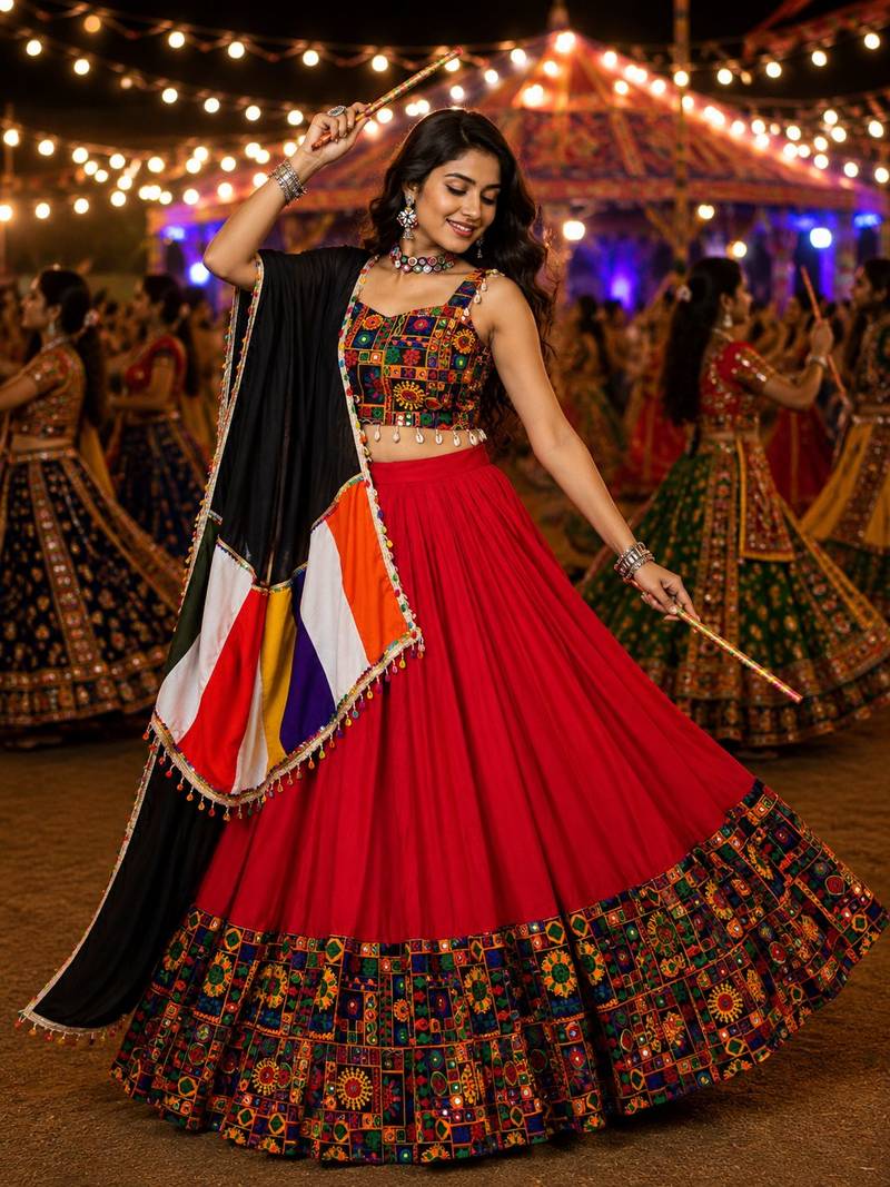 Red Gamthi Mirror Work Navratri Lehenga Choli Set 