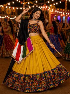 Mustard Gamthi Mirror Work Navratri Lehenga Choli Set  1
