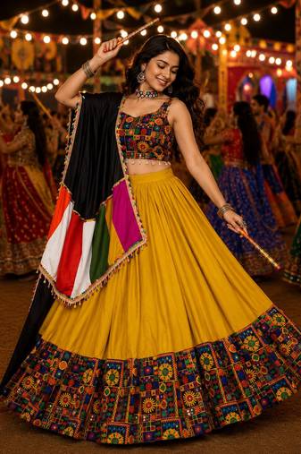 Mustard Gamthi Mirror Work Navratri Lehenga Choli Set 