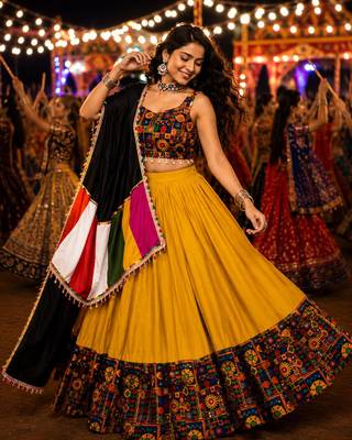 Mustard Gamthi Mirror Work Navratri Lehenga Choli Set  2