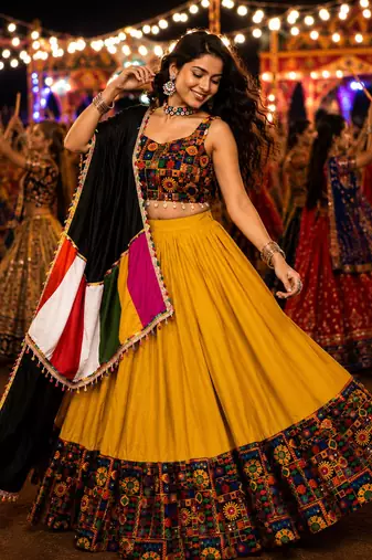 Mustard Gamthi Mirror Work Navratri Lehenga Choli Set 