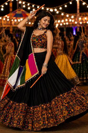 Black Gamthi Mirror Work Navratri Lehenga Choli Set 