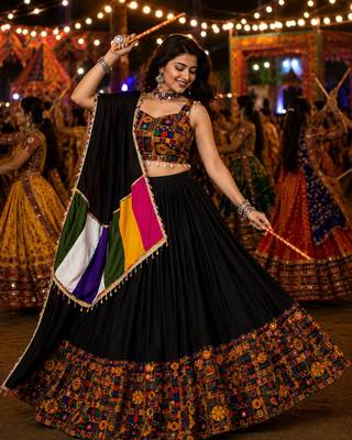 Black Gamthi Mirror Work Navratri Lehenga Choli Set  2