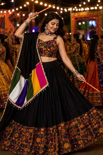 Black Gamthi Mirror Work Navratri Lehenga Choli Set 