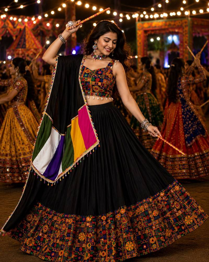 Black Gamthi Mirror Work Navratri Lehenga Choli Set 