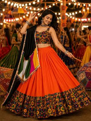 Orange Gamthi Mirror Work Navratri Lehenga Choli Set  1