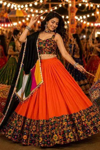 Orange Gamthi Mirror Work Navratri Lehenga Choli Set 