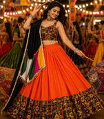 Orange Gamthi Mirror Work Navratri Lehenga Choli Set 