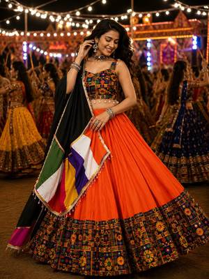 Orange Gamthi Mirror Work Navratri Lehenga Choli Set  2