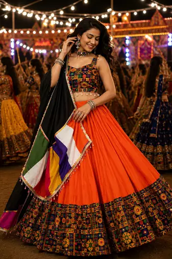 Orange Gamthi Mirror Work Navratri Lehenga Choli Set 