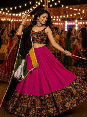 Rani Pink Gamthi Mirror Work Navratri Lehenga Choli Set  1