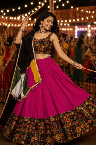 Rani Pink Gamthi Mirror Work Navratri Lehenga Choli Set 