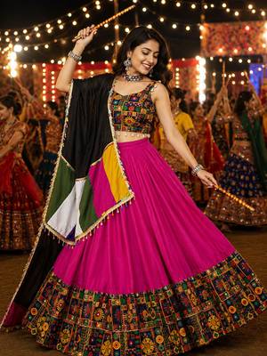 Rani Pink Gamthi Mirror Work Navratri Lehenga Choli Set  2