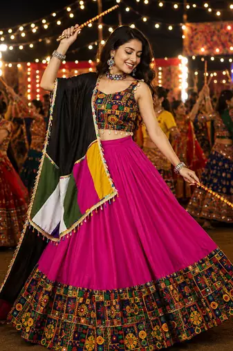 Rani Pink Gamthi Mirror Work Navratri Lehenga Choli Set 