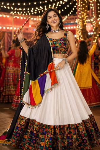 White Gamthi Mirror Work Navratri Lehenga Choli Set 