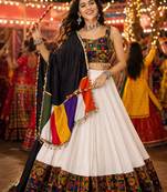 White Gamthi Mirror Work Navratri Lehenga Choli Set 