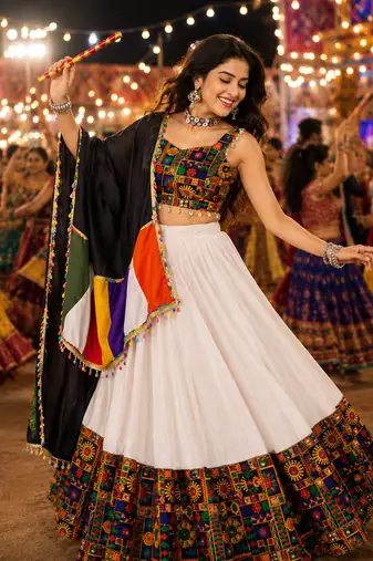 White Gamthi Mirror Work Navratri Lehenga Choli Set 