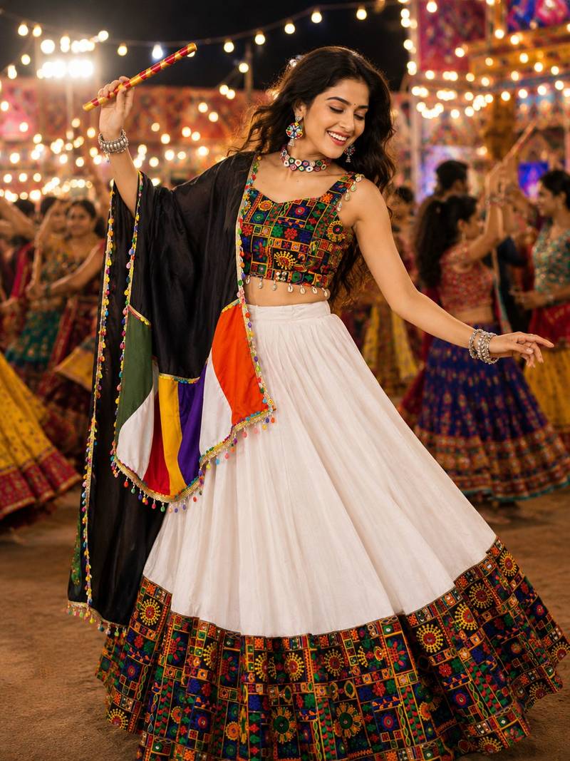 White Gamthi Mirror Work Navratri Lehenga Choli Set 