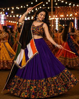 Purple Gamthi Mirror Work Navratri Lehenga Choli Set  1