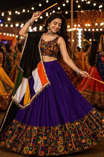 Purple Gamthi Mirror Work Navratri Lehenga Choli Set 
