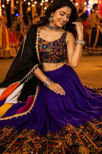 Purple Gamthi Mirror Work Navratri Lehenga Choli Set 