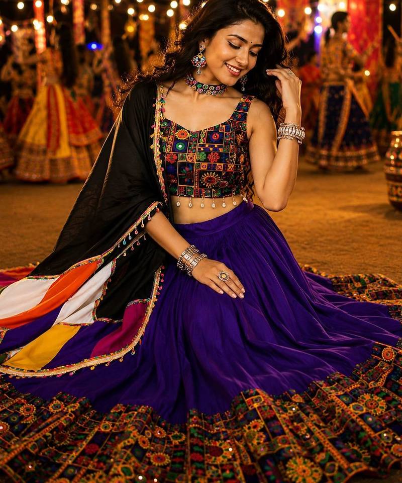 Purple Gamthi Mirror Work Navratri Lehenga Choli Set 
