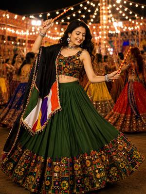 Mehendi Gamthi Mirror Work Navratri Lehenga Choli Set  1