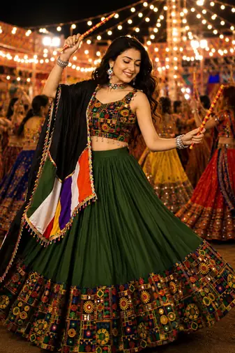 Mehendi Gamthi Mirror Work Navratri Lehenga Choli Set 