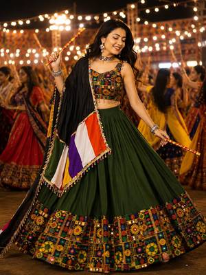 Mehendi Gamthi Mirror Work Navratri Lehenga Choli Set  2